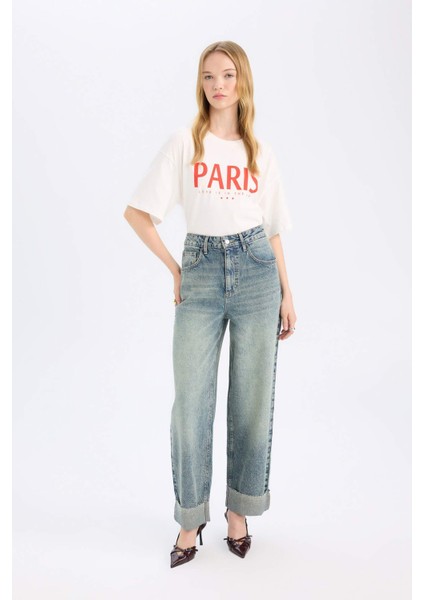 Baggy Fit Yüksek Bel Katlamalı Paça Bilek Boy Jean Yıkamalı Pantolon D5440AX24AU