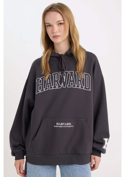 Harvard University Oversize Geniş Kalıp Kapüşonlu Cepli Kalın Sweatshirt D7000AX24WN