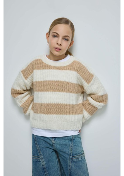 Kız Çocuk Çizgili Bisiklet Yaka Triko Kazak A6009A824WN