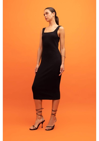 Bodycon Vücuda Oturan Basic Düz Kare Yaka Fitilli Kaşkorse Kolsuz Midi Elbise Z7577AZ23SM