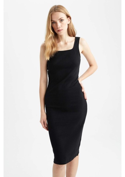 Bodycon Vücuda Oturan Basic Düz Kare Yaka Fitilli Kaşkorse Kolsuz Midi Elbise Z7577AZ23SM