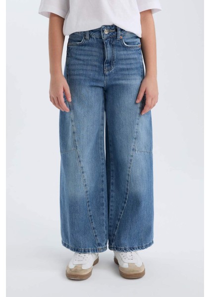 Kız Çocuk Wide Leg Kargo Cepli Geniş Bol Paça Jean Pantolon D4689A824AU fırsatları