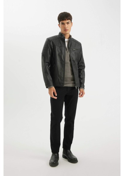 Slim Fit Suni Deri Mont Ceket Dar Kesim Dik Yaka Fermuarlı Cepli Mevsimlik D4918AX24AU fiyatları