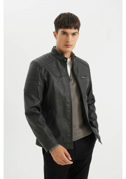 Slim Fit Suni Deri Mont Ceket Dar Kesim Dik Yaka Fermuarlı Cepli Mevsimlik D4918AX24AU fırsatları