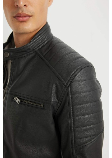 Slim Fit Suni Deri Mont Ceket Dar Kesim Dik Yaka Fermuarlı Cepli Mevsimlik D4918AX24AU indirimleri