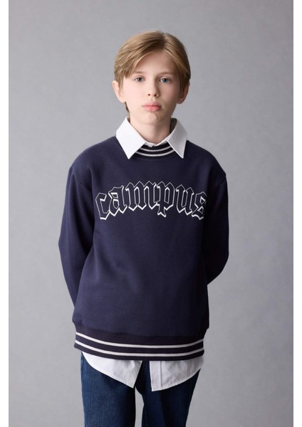 Erkek Çocuk Lacivert Oversize Geniş Kalıp Bisiklet Yaka Baskılı Kalın Sweatshirt D1911A824WN