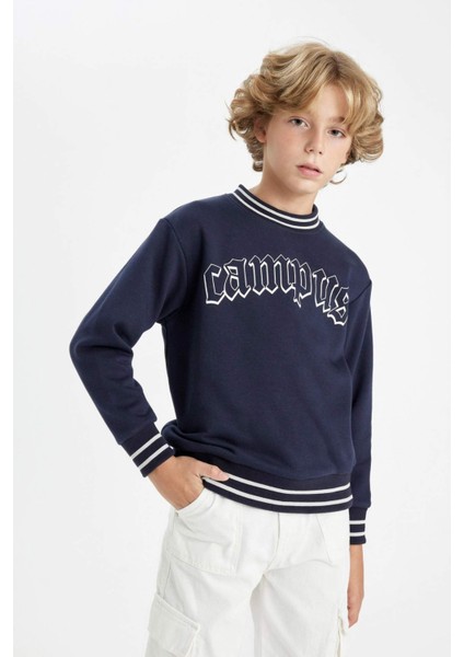 Erkek Çocuk Lacivert Oversize Geniş Kalıp Bisiklet Yaka Baskılı Kalın Sweatshirt D1911A824WN