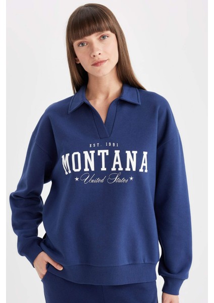 Relax Fit Polo Yaka Baskılı Kalın Sweatshirt D5296AX24AU