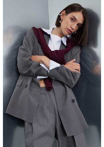 Oversize Geniş Kalıp Blazer Ceket Kruvaze Yaka Düğmeli Basic Düz Blazer Ceket C2575AX24AU