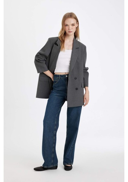 Oversize Geniş Kalıp Blazer Ceket Kruvaze Yaka Düğmeli Basic Düz Blazer Ceket C2575AX24AU indirimleri