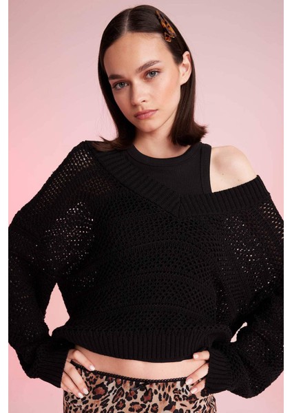 Regular Fit V Yaka Kroşe Siyah Triko Kazak D4633AX24AU