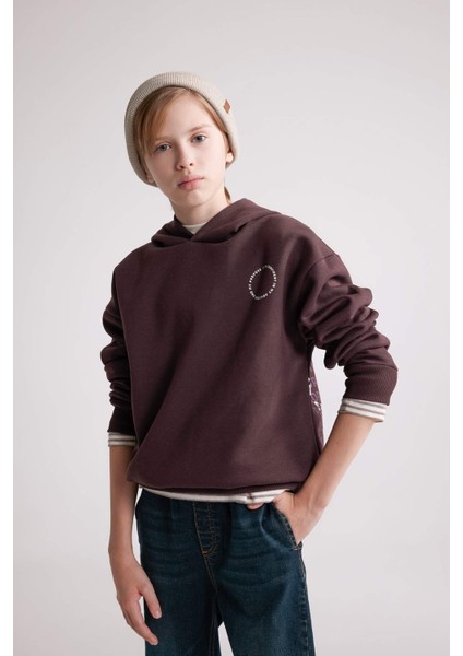 Erkek Çocuk Oversize Geniş Kalıp Baskılı Kapüşonlu Sweatshirt D3967A824WN