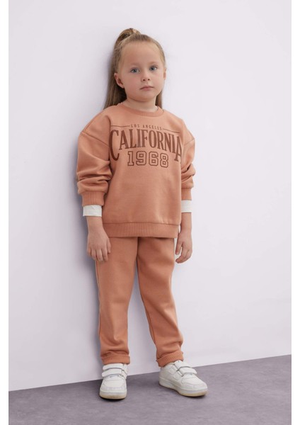 Kız Bebek 2'li Takım Baskılı Bisiklet Yaka Sweatshirt Üst Beli Lastikli Eşofman Altı D0815A524AU