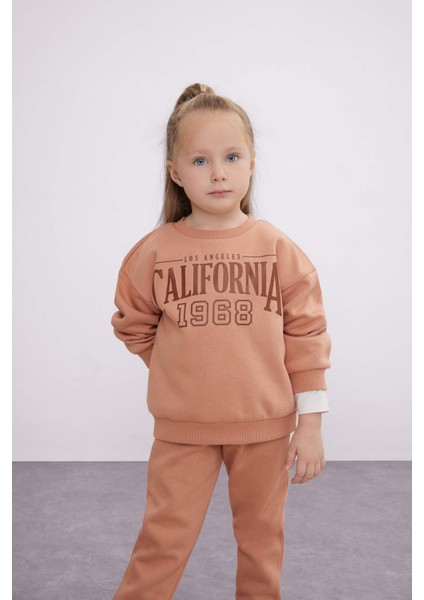 Kız Bebek 2'li Takım Baskılı Bisiklet Yaka Sweatshirt Üst Beli Lastikli Eşofman Altı D0815A524AU