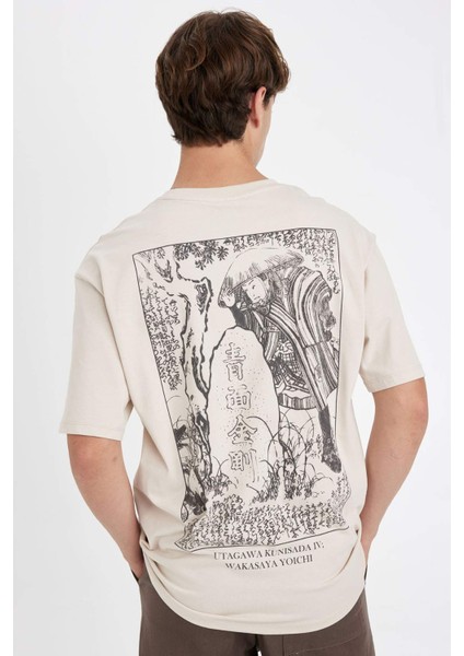 %100 Pamuk Utagawa Kunisada Boxy Fit Bisiklet Yaka Sırt Baskılı Kısa Kollu Tişört C9124AX24AU
