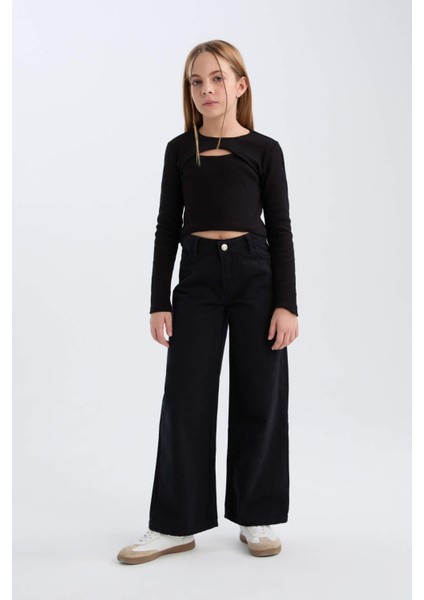 Kız Çocuk Wide Leg Geniş Bol Paça Pamuklu Cepli Siyah Pantolon C8777A824AU