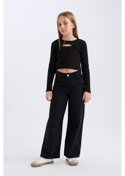 Kız Çocuk Wide Leg Geniş Bol Paça Pamuklu Cepli Siyah Pantolon C8777A824AU