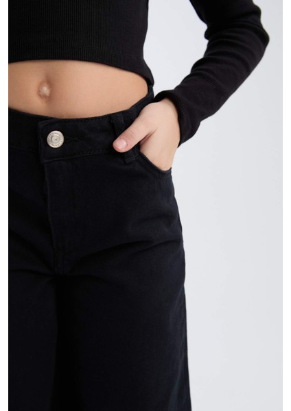 Kız Çocuk Wide Leg Geniş Bol Paça Pamuklu Cepli Siyah Pantolon C8777A824AU