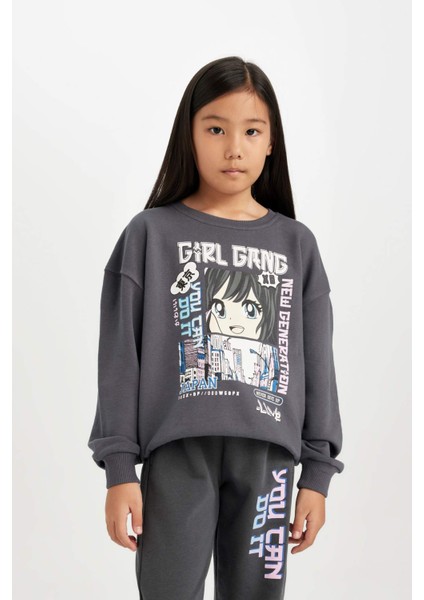 Kız Çocuk Antrasit Oversize Geniş Kalıp Bisiklet Yaka Baskılı Sweatshirt D0610A824AU