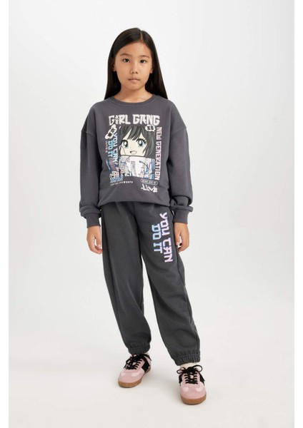 Kız Çocuk Antrasit Oversize Geniş Kalıp Bisiklet Yaka Baskılı Sweatshirt D0610A824AU
