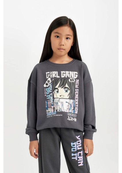 Kız Çocuk Antrasit Oversize Geniş Kalıp Bisiklet Yaka Baskılı Sweatshirt D0610A824AU