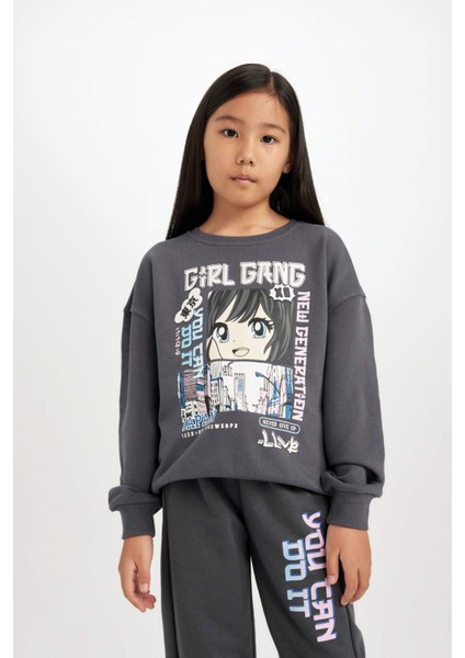 Kız Çocuk Antrasit Oversize Geniş Kalıp Bisiklet Yaka Baskılı Sweatshirt D0610A824AU
