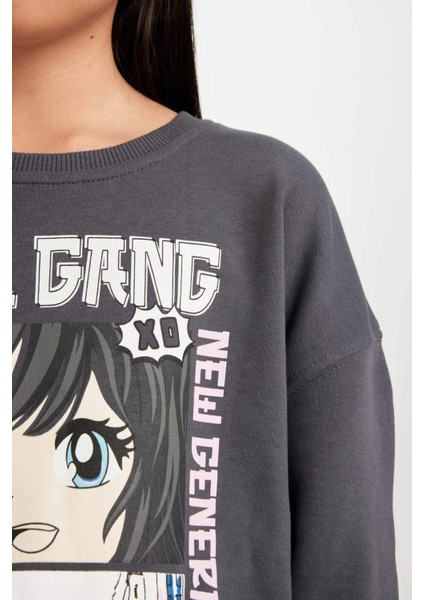 Kız Çocuk Antrasit Oversize Geniş Kalıp Bisiklet Yaka Baskılı Sweatshirt D0610A824AU