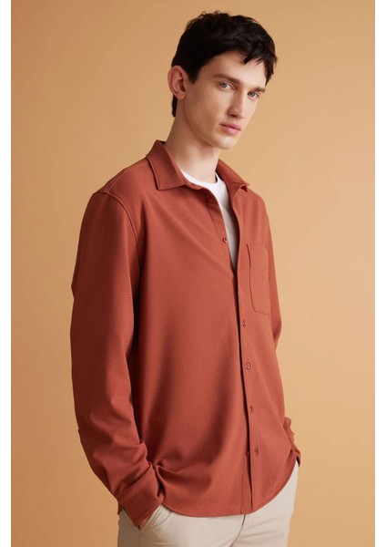 Regular Fit Polo Yaka Krinkıl Basic Düz Uzun Kollu Gömlek B6484AX24SP