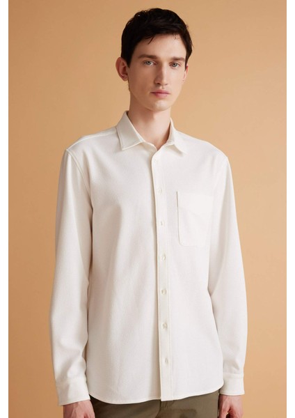 Regular Fit Polo Yaka Krinkıl Basic Düz Uzun Kollu Gömlek B6484AX24SP