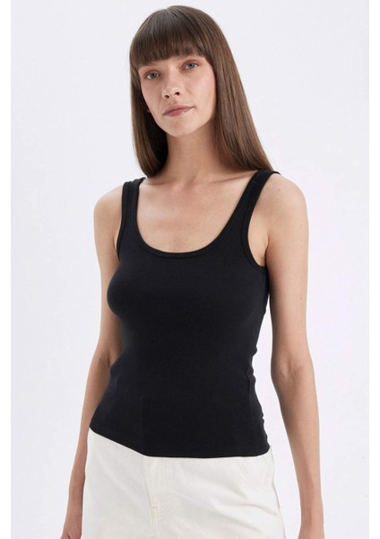 Siyah Slim Fit Dar Kesim U Yaka Ribana Basic Düz Atlet C0095AX24AU