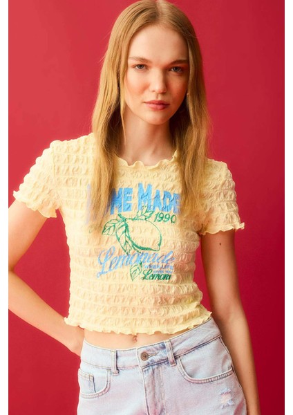 Fitted Bisiklet Yaka Baskılı Kısa Kollu Tişört D2616AX24SM