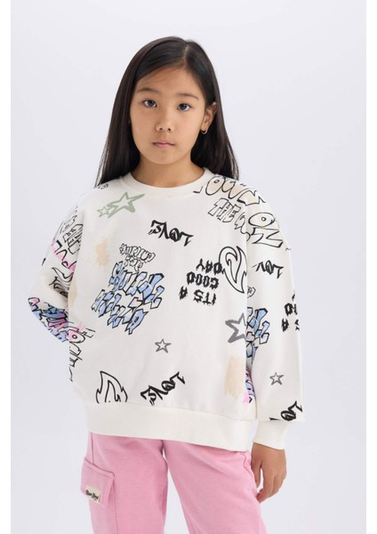 Kız Çocuk Oversize Geniş Kalıp Bisiklet Yaka 3D Baskılı Sweatshirt D3113A824WN