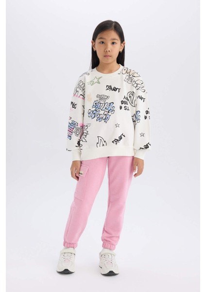 Kız Çocuk Oversize Geniş Kalıp Bisiklet Yaka 3D Baskılı Sweatshirt D3113A824WN