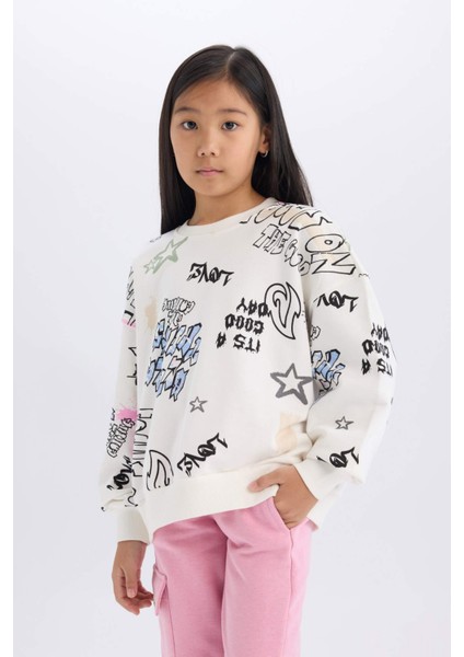 Kız Çocuk Oversize Geniş Kalıp Bisiklet Yaka 3D Baskılı Sweatshirt D3113A824WN