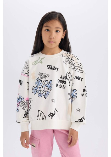 Kız Çocuk Oversize Geniş Kalıp Bisiklet Yaka 3D Baskılı Sweatshirt D3113A824WN