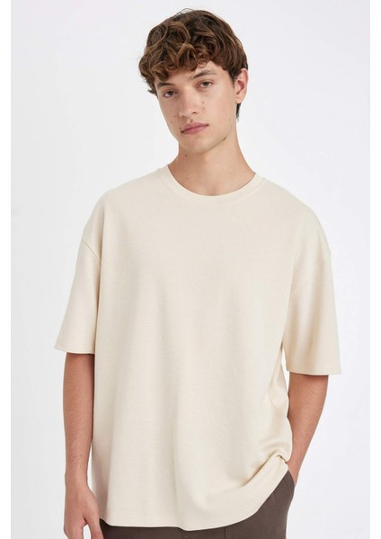 Oversize Geniş Kalıp Bisiklet Yaka Kısa Kollu Basic Düz Ağır Kumaş Tişört X3926AZ24AU