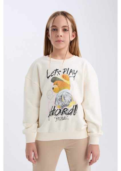 Kız Çocuk Oversize Geniş Kalıp Bisiklet Yaka Ayıcık Baskılı Sweatshirt D0607A824AU