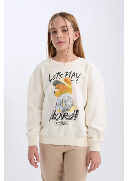 Kız Çocuk Oversize Geniş Kalıp Bisiklet Yaka Ayıcık Baskılı Sweatshirt D0607A824AU