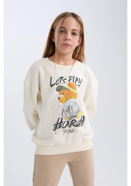 Kız Çocuk Oversize Geniş Kalıp Bisiklet Yaka Ayıcık Baskılı Sweatshirt D0607A824AU