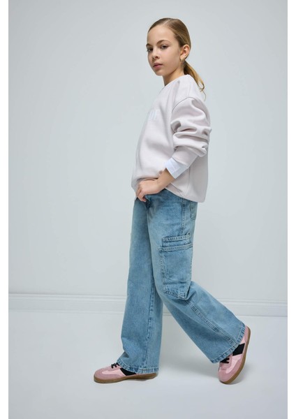 Kız Çocuk Wide Leg Kargo Cepli Geniş Bol Paça Jean Pantolon D3718A824WN
