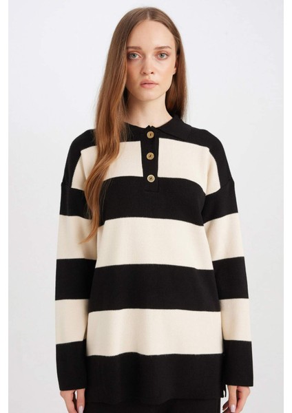 Regular Fit Polo Yaka Düğmeli Çizgili Kazak Tunik D2442AX24WN