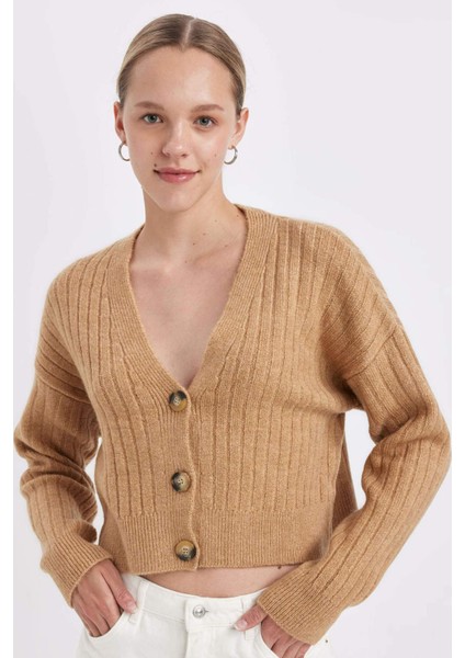 Regular Fit V Yaka Basic Düz Düğmeli Triko Hırka R1389AZ24WN