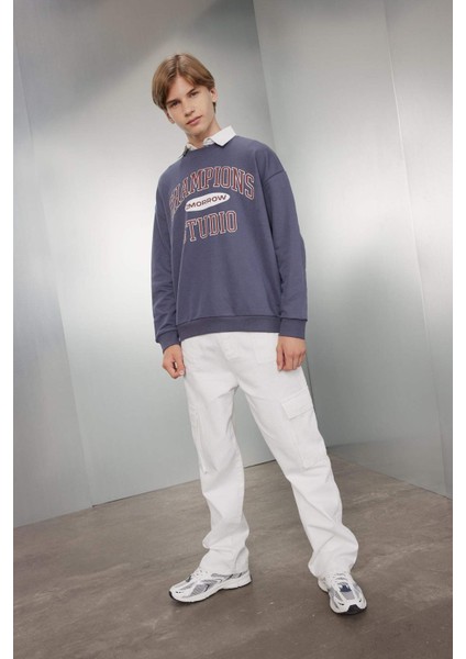 Erkek Çocuk Oversize Geniş Kalıp Bisiklet Yaka Yazı Baskılı Okul Sweatshirt D0983A824AU fiyatları