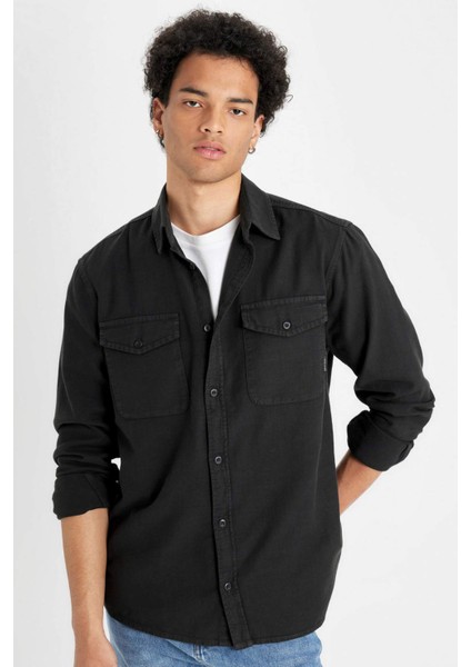 %100 Pamuk Regular Fit Polo Yaka Basic Düz Uzun Kollu Gömlek B2654AX24AU