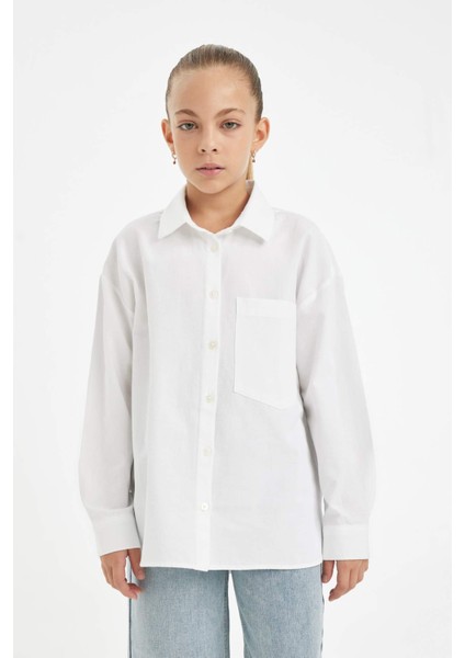 Kız Çocuk Oversize Geniş Kalıp Poplin Basic Düz Uzun Kollu Beyaz Okul Gömleği C7482A824AU