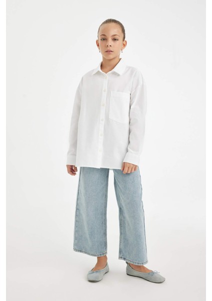 Kız Çocuk Oversize Geniş Kalıp Poplin Basic Düz Uzun Kollu Beyaz Okul Gömleği C7482A824AU