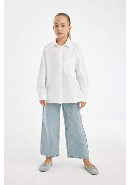 Kız Çocuk Oversize Geniş Kalıp Poplin Basic Düz Uzun Kollu Beyaz Okul Gömleği C7482A824AU