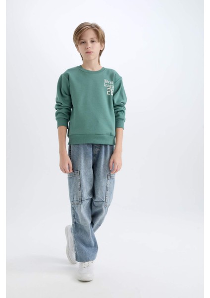 Erkek Çocuk Oversize Geniş Kalıp Bisiklet Yaka Sırt Baskılı Kalın Sweatshirt D1912A824WN