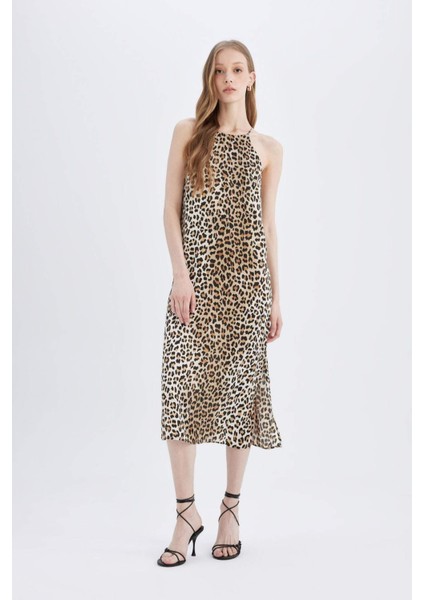 Halter Yaka Leopar Desenli Yırtmaçlı Saten Maxi Elbise D1165AX24SM