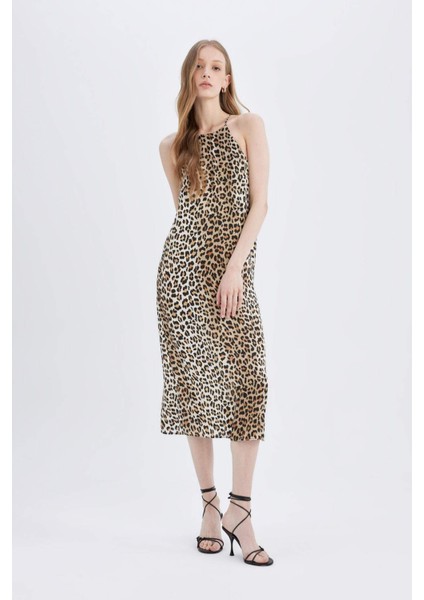 Halter Yaka Leopar Desenli Yırtmaçlı Saten Maxi Elbise D1165AX24SM